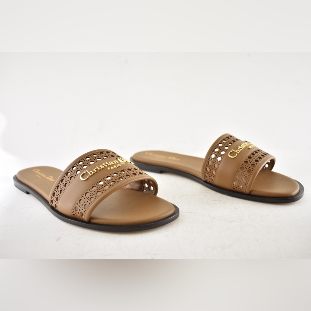 Dior D-Lane Dway Micro Cannage Chestnut Brown Leather Logo Slide Flat Sandal 39 - Picture 6 of 16